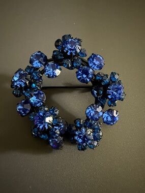 Vintage signed Austria Stunning Blue Crystal Blackened Metal wreath-RARE